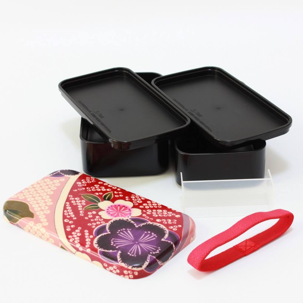 2 tier rectangular sakura blossoms bento box disassembled