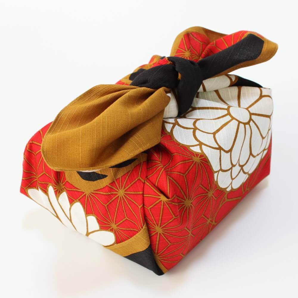 45 degree angle shot showing the patterns on the kiku nishiki furoshiki
