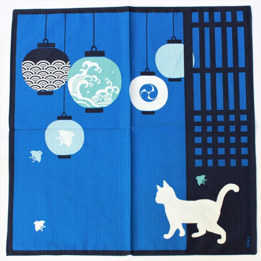 overhead shot of cat and lantern blue furoshiki from hama monyo