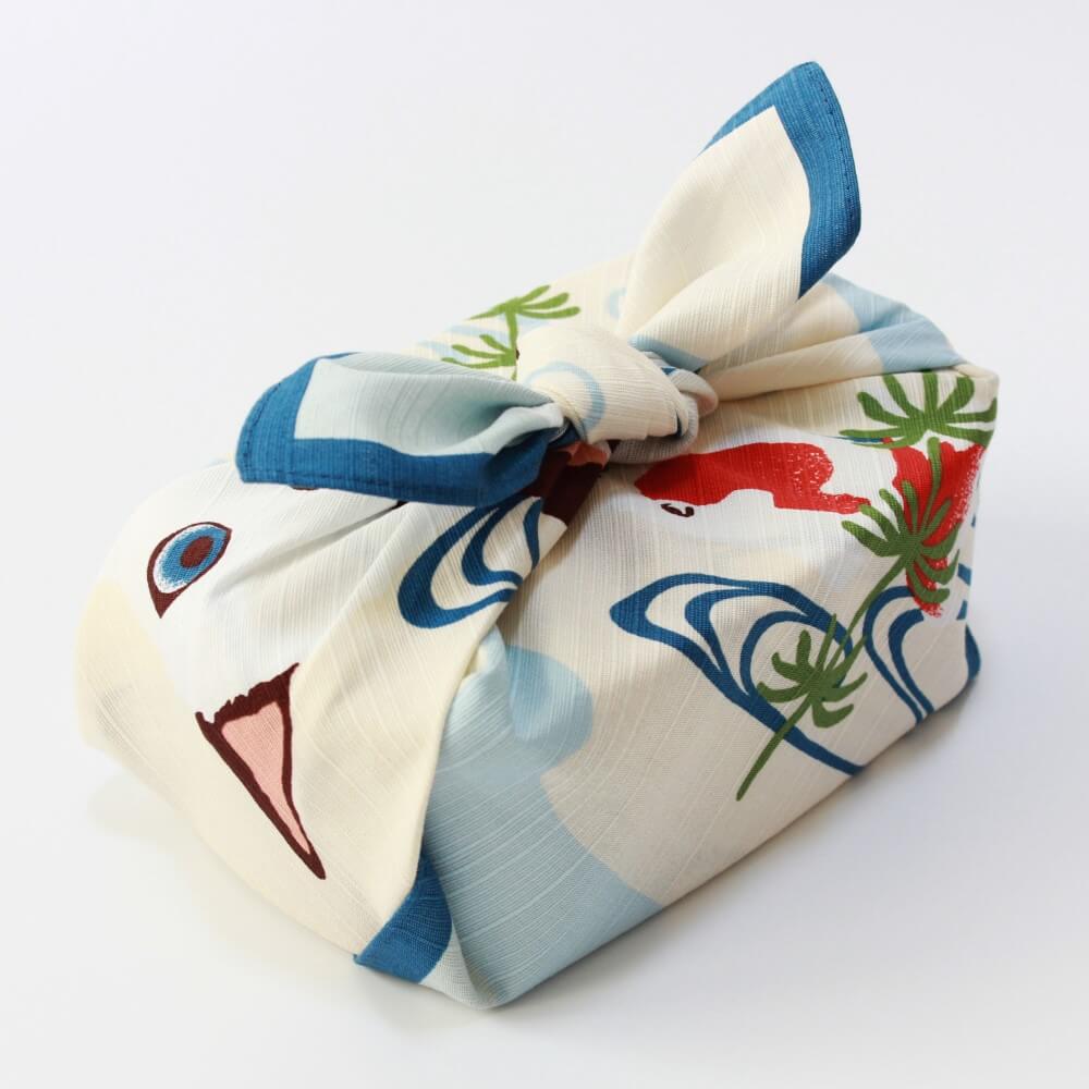 bento box wrapped in cat goldfish furoshiki