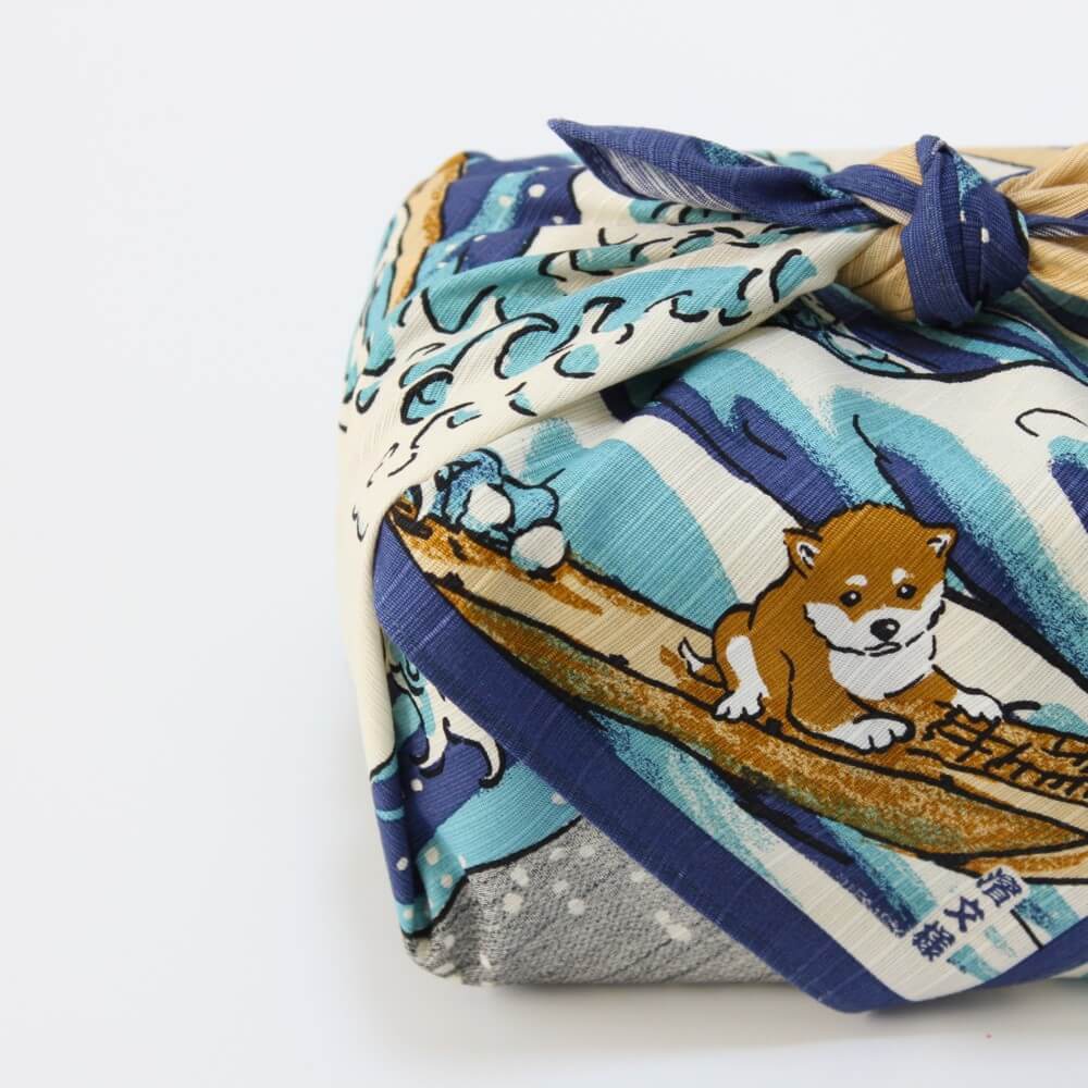 furoshiki with wave and shiba dog wrapped bento box