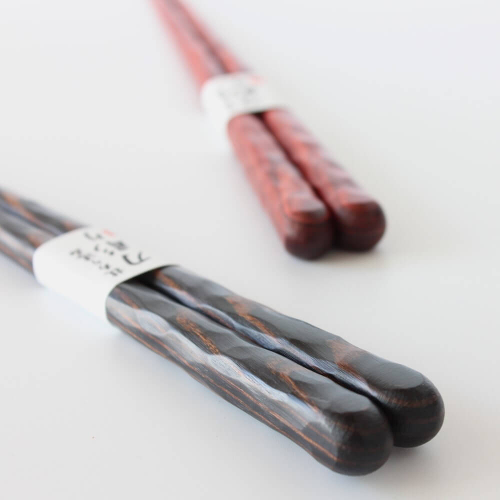 black kaba no ki thick cut chopsticks showing carved surface