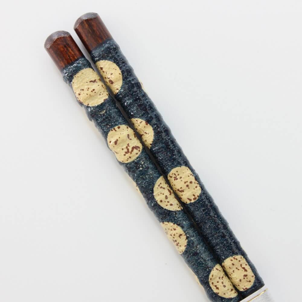 blue mizutama chopsticks handles with yellow polka dots