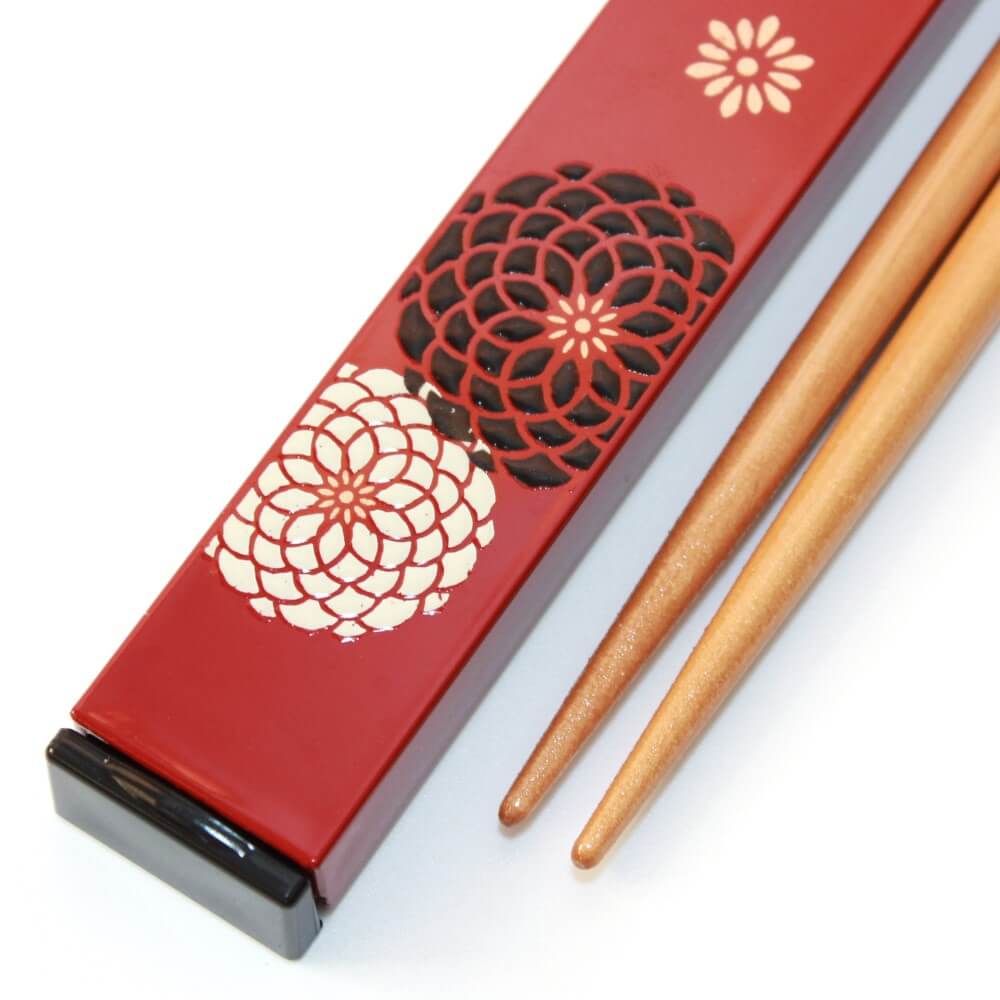 close up chopsticks tips and case lid momoka red