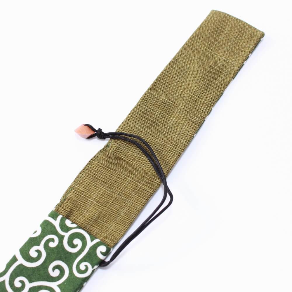 close up of fabric flap karakusa green chopsticks case