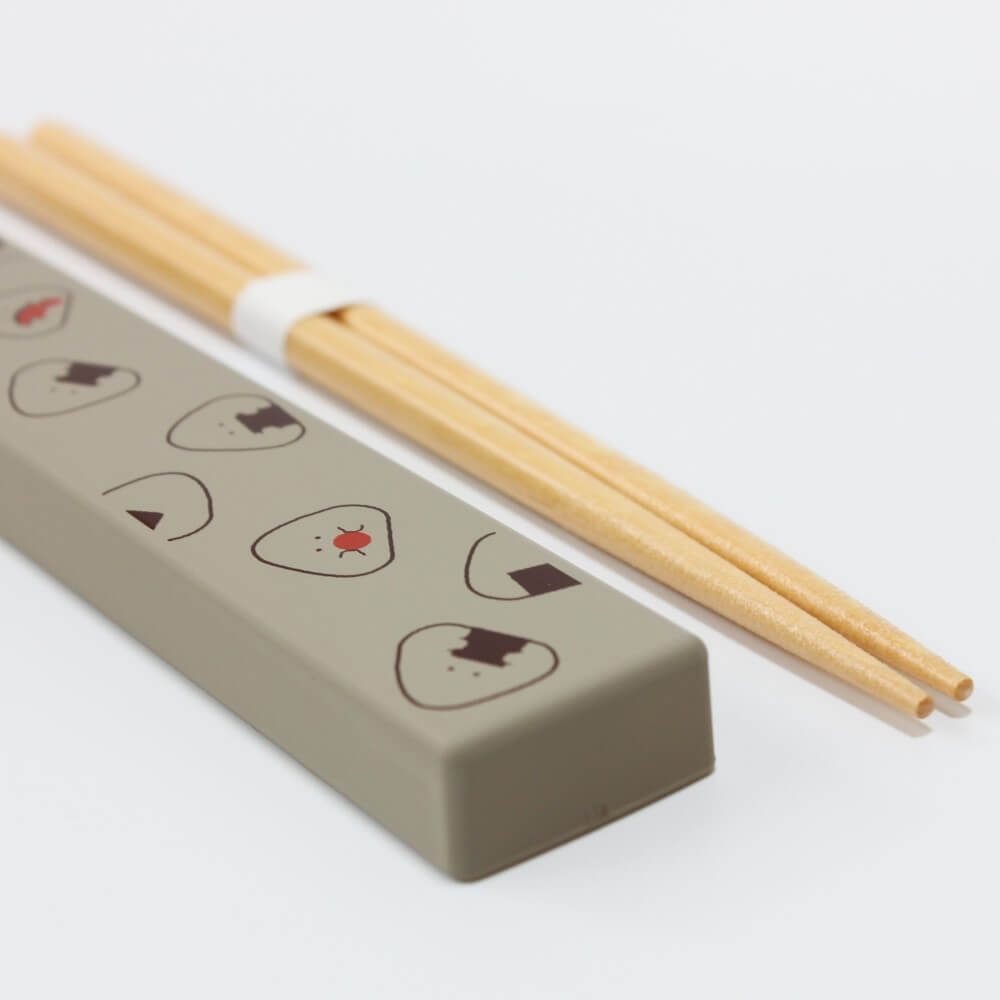 close up grey onigiri chopsticks case