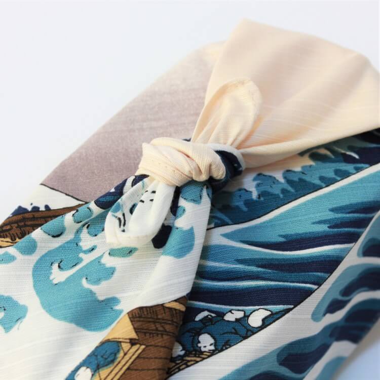 close up showing knot of tied furoshiki wrappin cloth