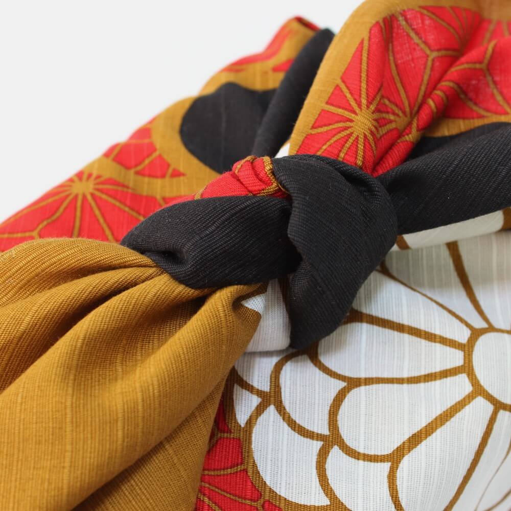 close up of the knot of a tied kiku nishiki furoshiki
