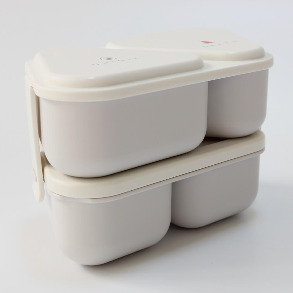 close up front side white onigiri 2 tiered bento case