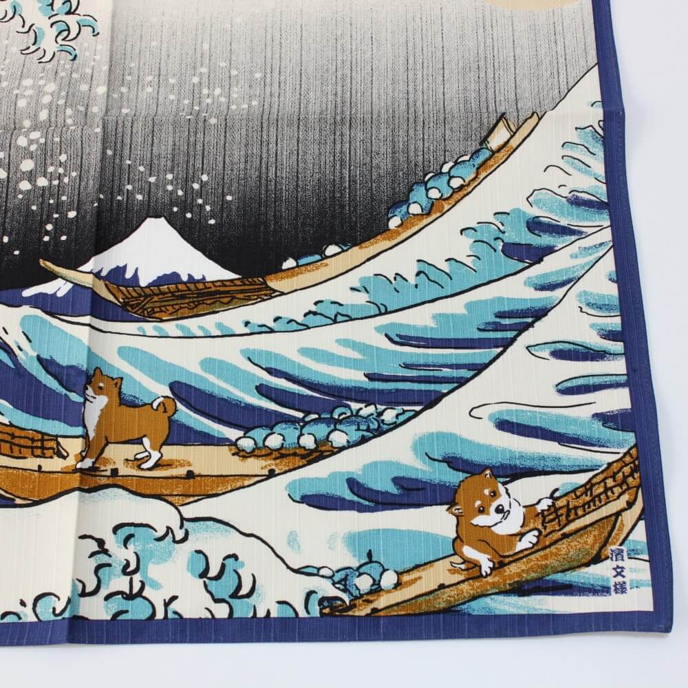 close up of shiba dogs on rafts in rough seas, with mount fuji in the background