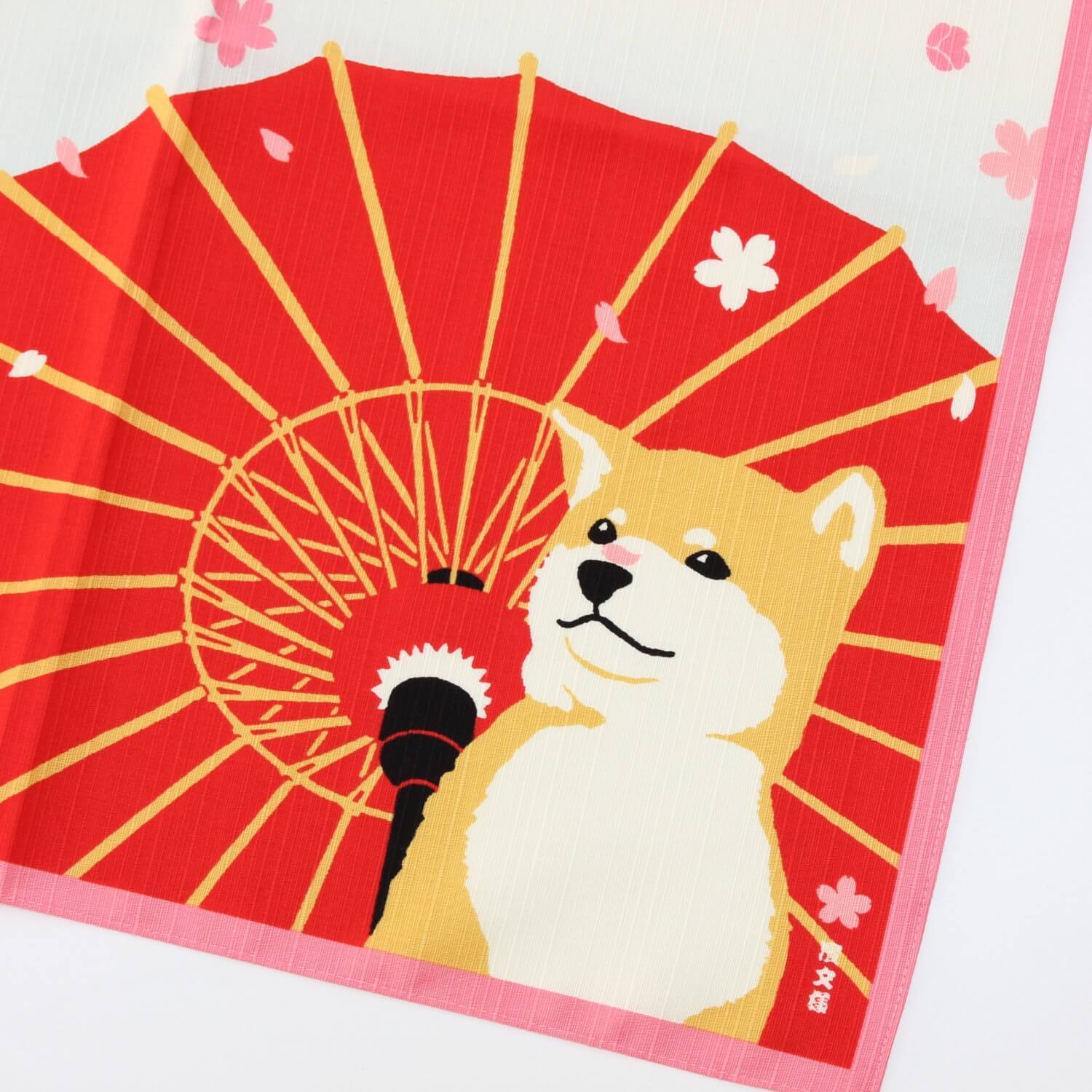 close up of furoshiki showing shiba dog under a japanese umbrella