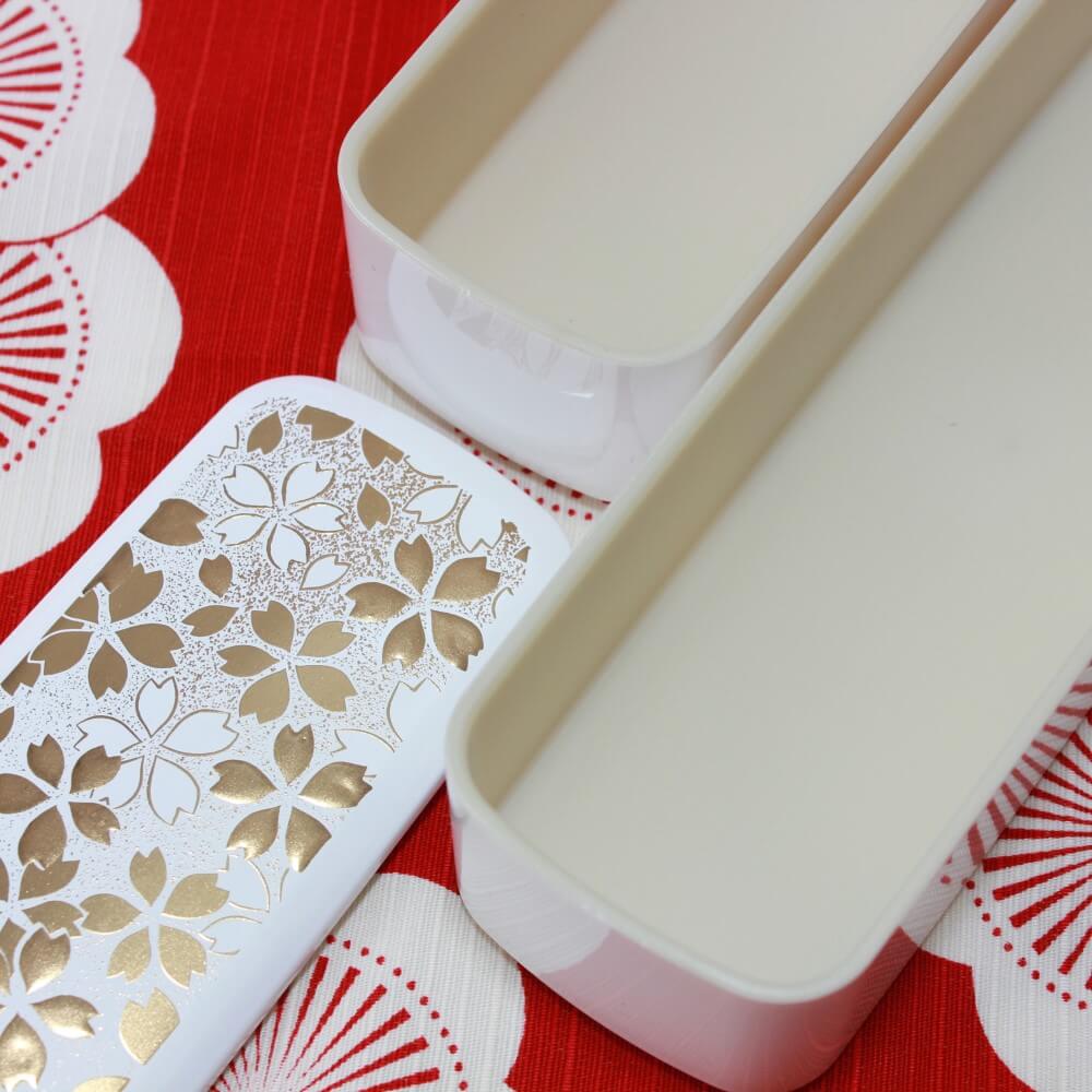 close up showing lid and inside hanamaru slim bento box