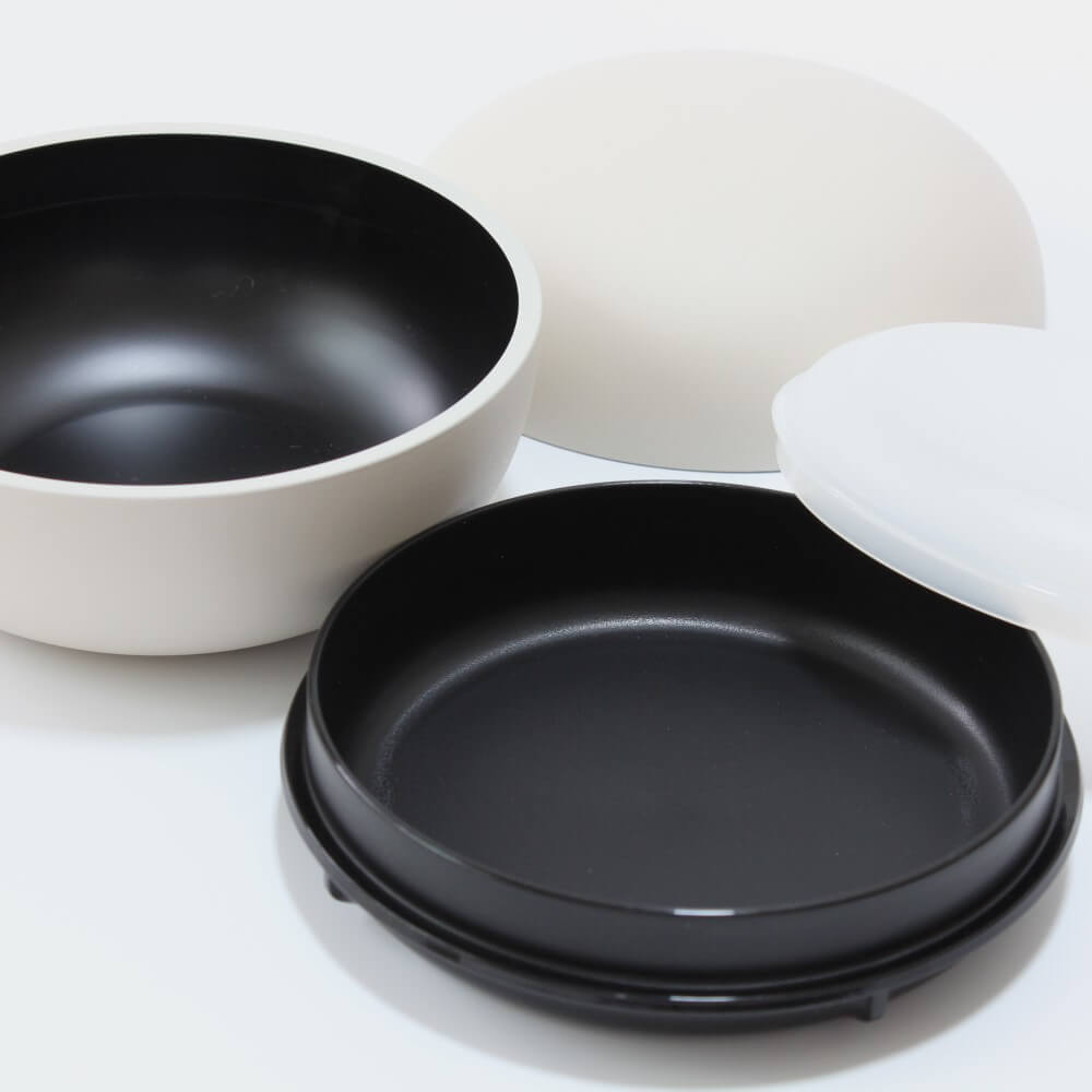 close up top bottom layers ivory mayudon bento box