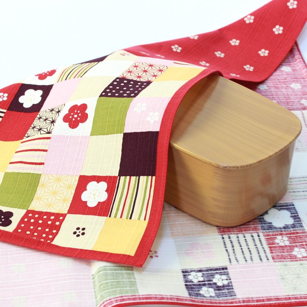 colour ichimatsu furoshiki covering a bento box