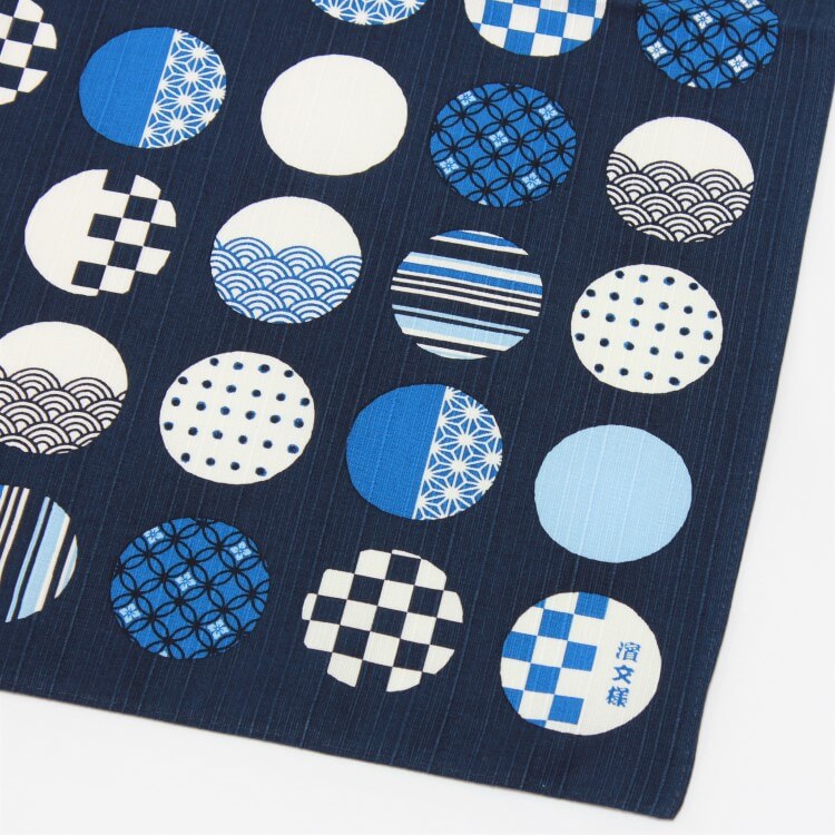 photo close up showing the patterns within the circles of odama blue furoshiki