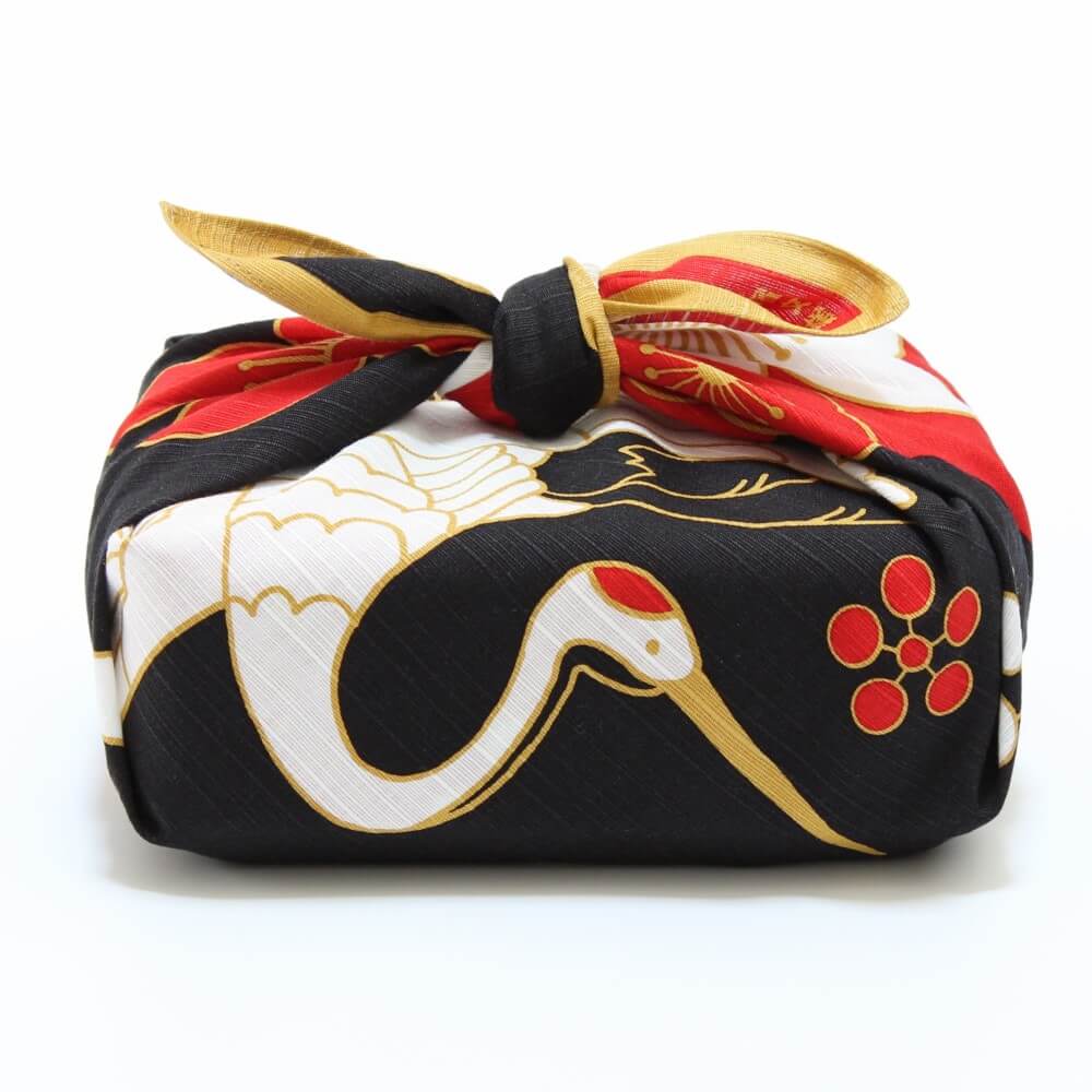 crane black background furoshiki wrapped bento box