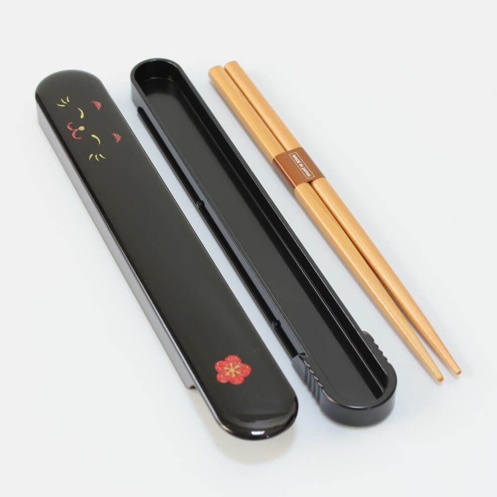 disassembled black maneki cat chopsticks case set