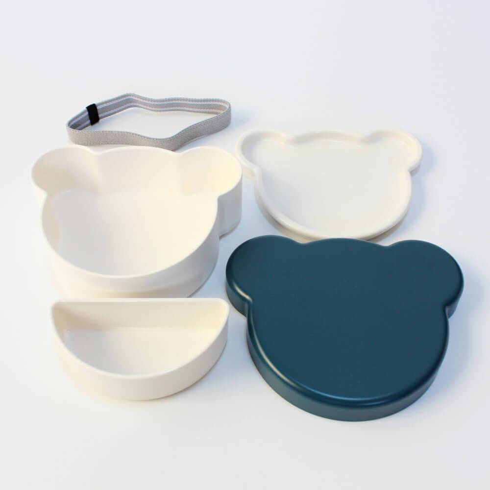 all components laid out from navy KIDS LUNCH bento lunch box from Takenaka