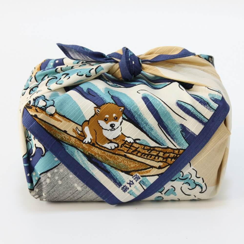 full view of bento box wrapped in shiba-inu furoshiki