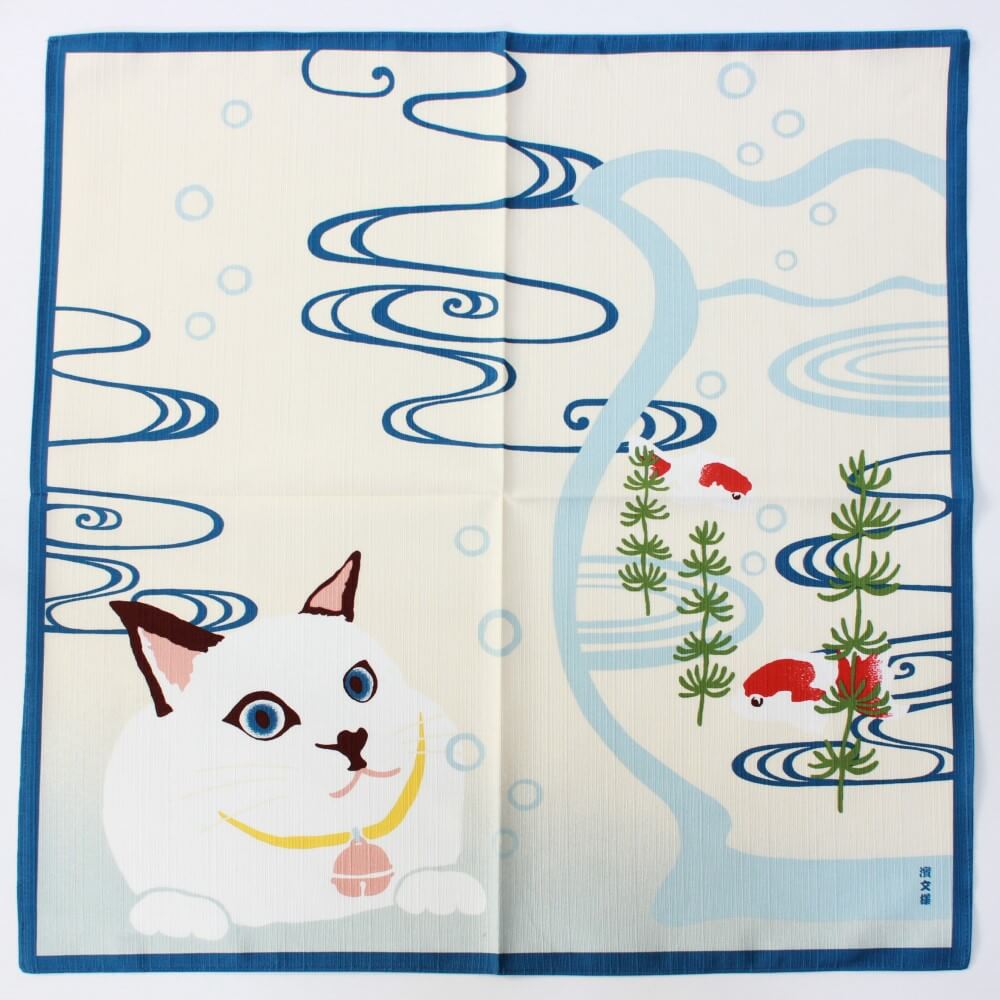 furoshiki cat goldfish standoff laid flat overhead shot