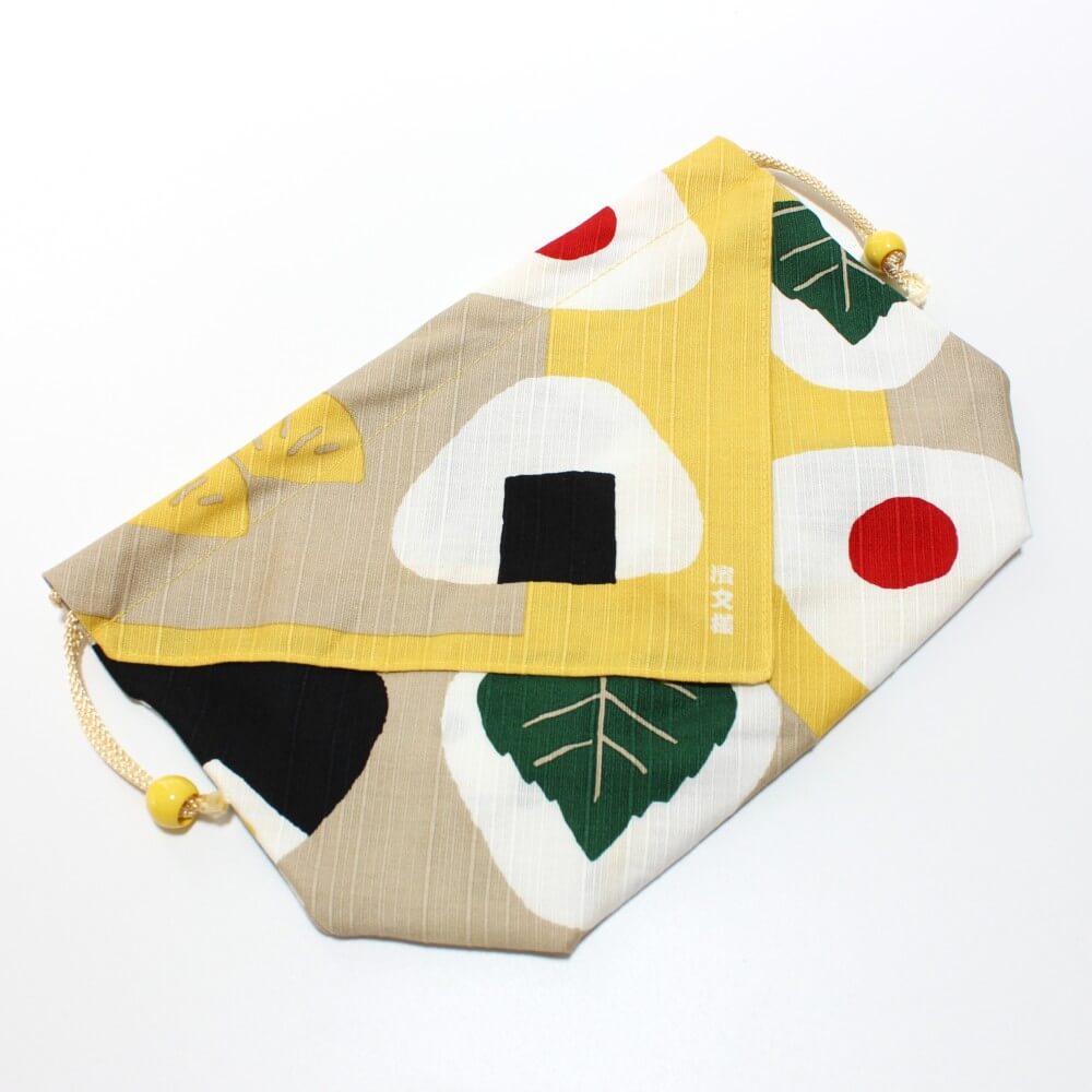 hamamonyo onigiri tsutsumi yellow bento lunch bag laid flat