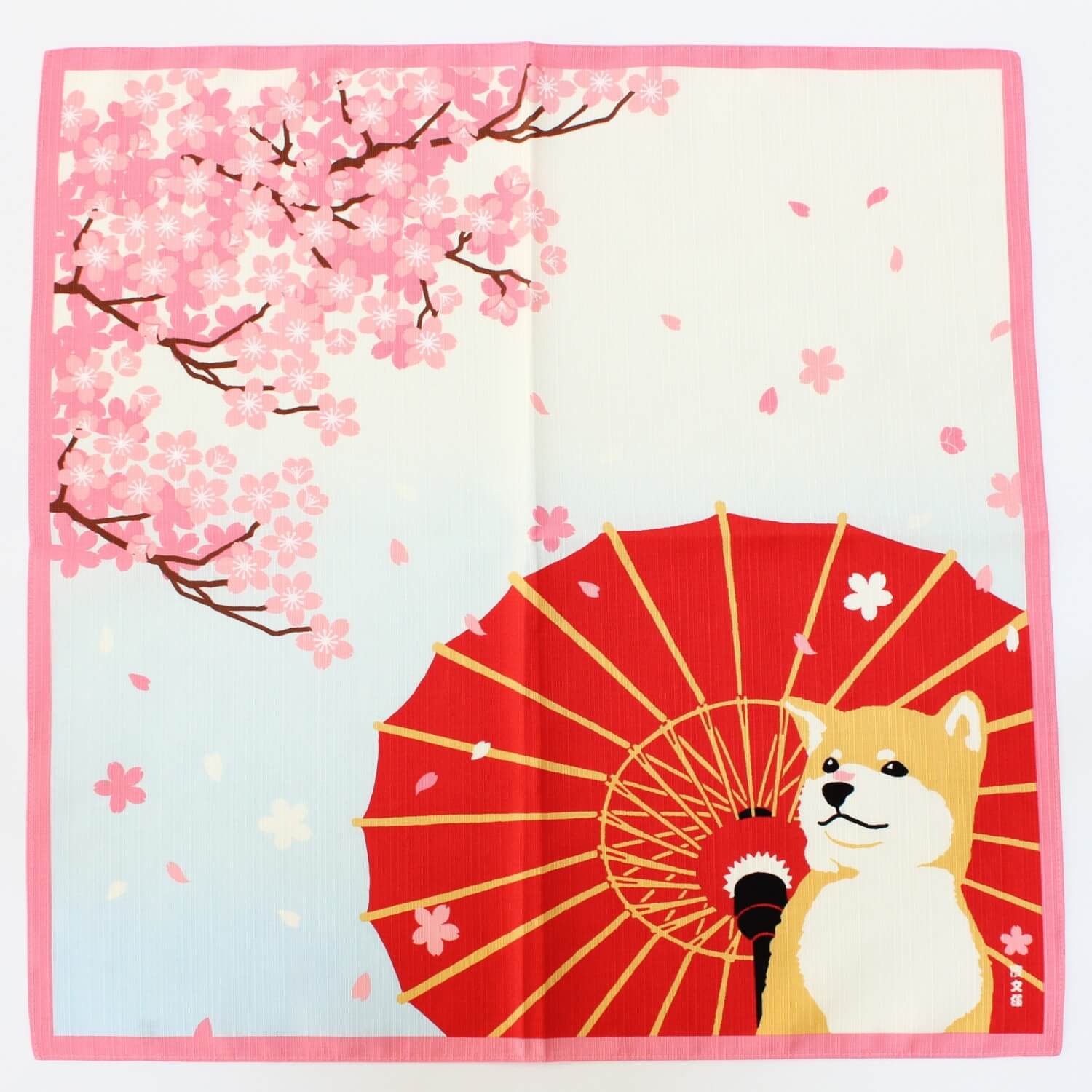 Hamamonyo furoshiki featuring a shiba inu under a Japanese umbrella watching Sakura cherry blossoms