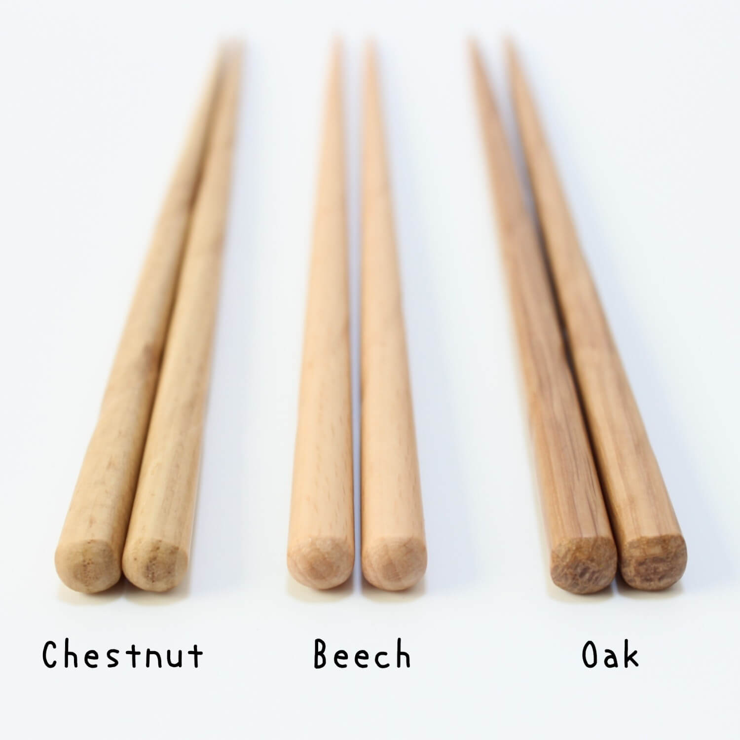 Koppa wooden chopsticks labeled 'Chestnut', 'Beech', and 'Oak'