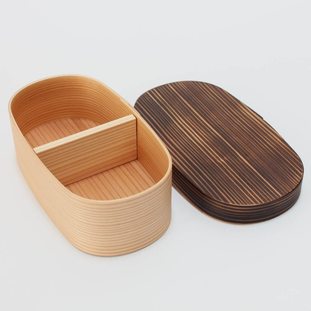 lid taken off yakisugi burnt lid bento box