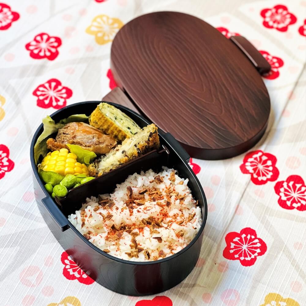 mokume koban brown bento box showing food