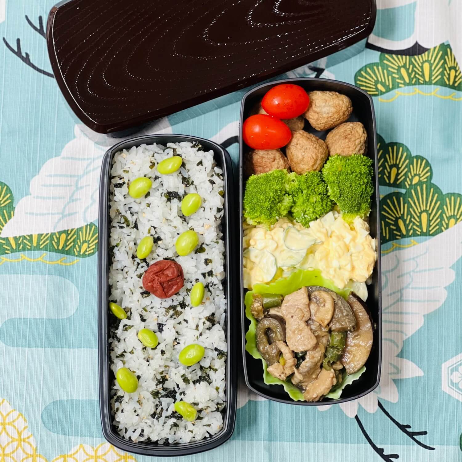 overhead photo of japanese bento made in the hakoya tame mokume 2 tier bento box