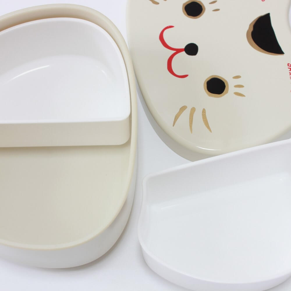 overhead shot close up cat face bento box white