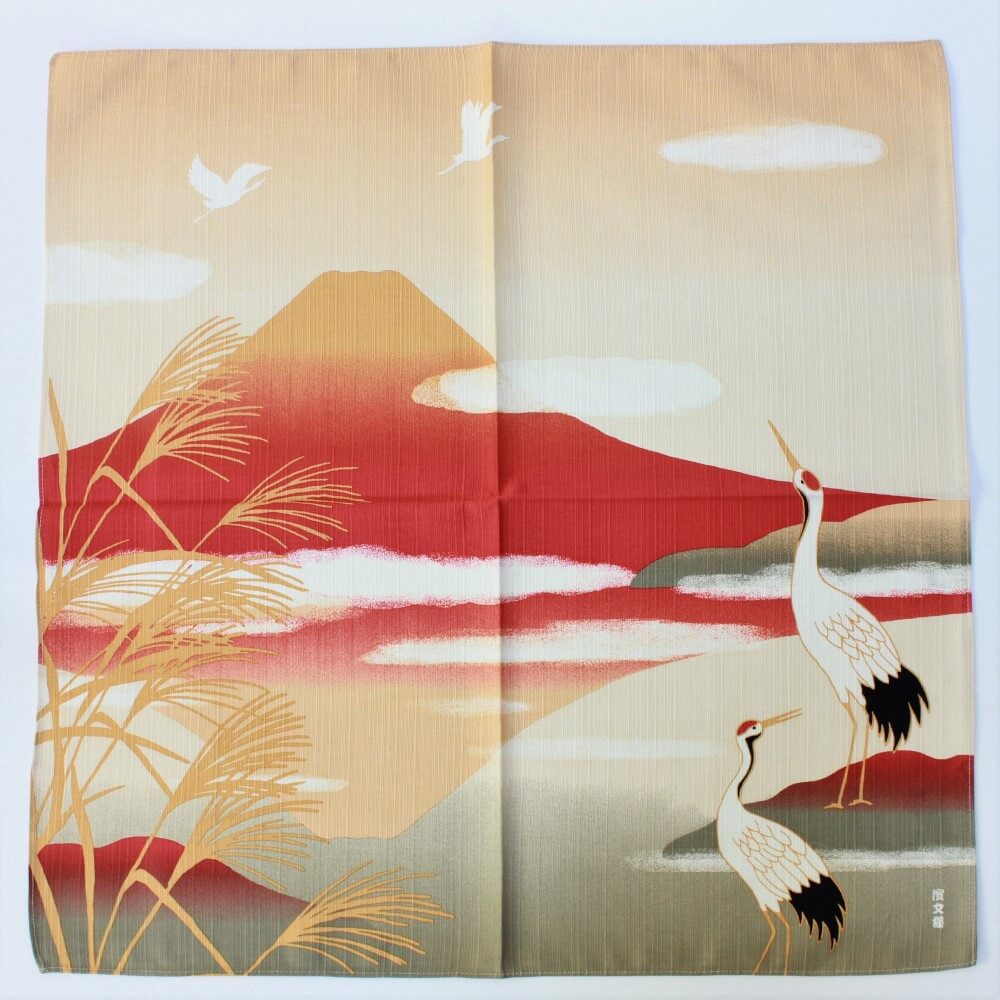 overhead shot of crane and akane fuji furoshiki wrapping cloth