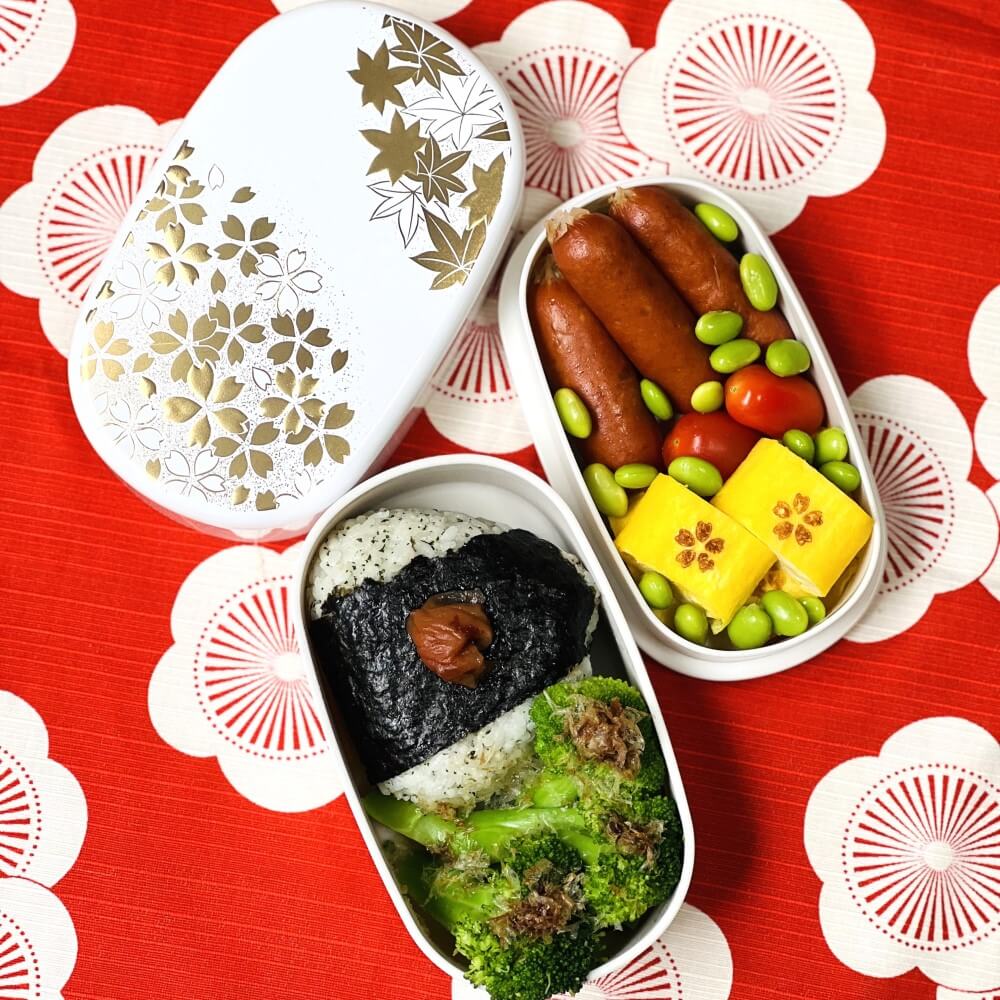 overhead shot showing bento prepared in hanamaru oval bento box