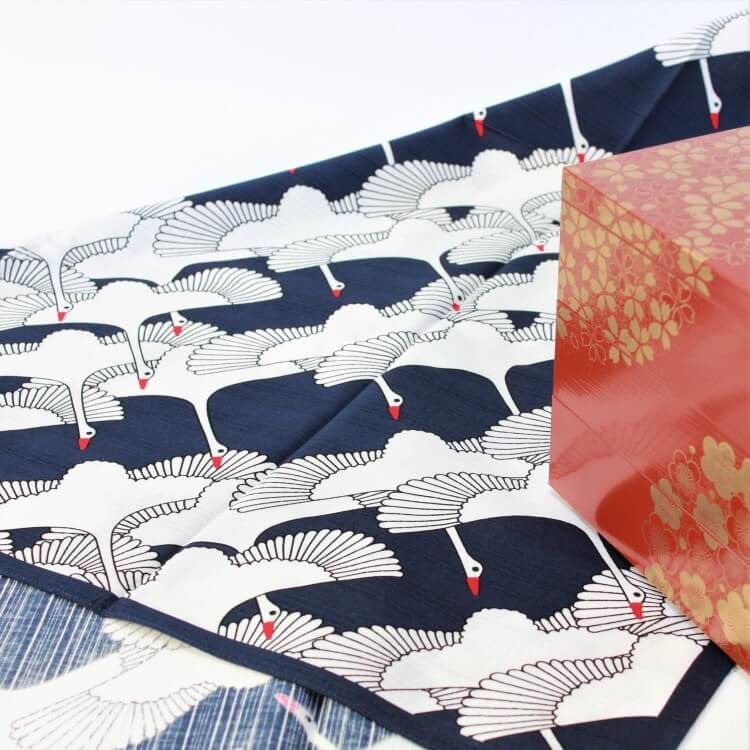 picnic bento box on 90cm celebration crane navy japanese wrapping cloth
