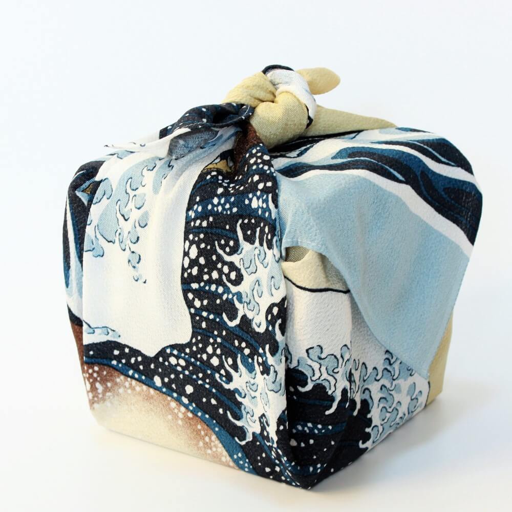 picnic bento box wrapped with hokusai great wave 68cm furoshiki rayon