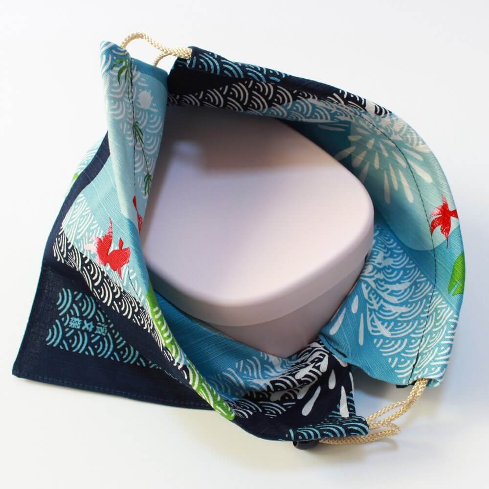 pink bento box inside seigaiha goldfish bento bag