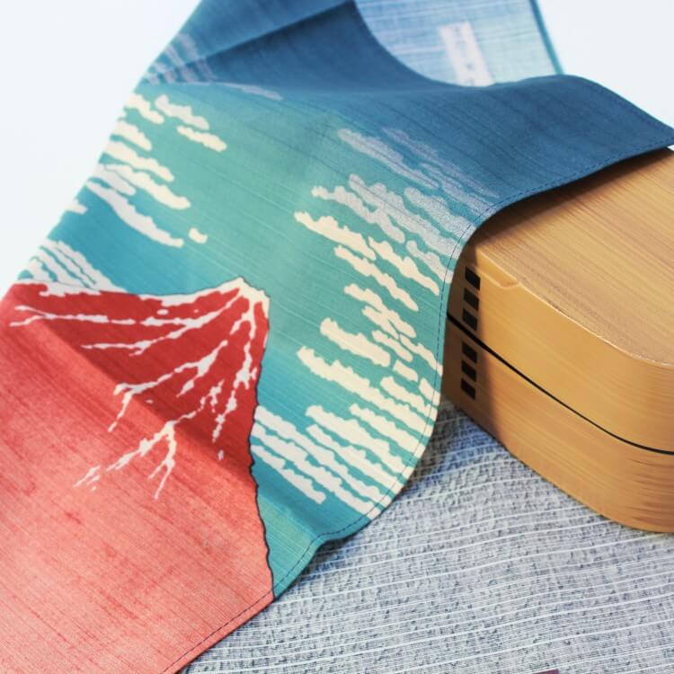 red fuji japanese wrapping cloth covering bento box