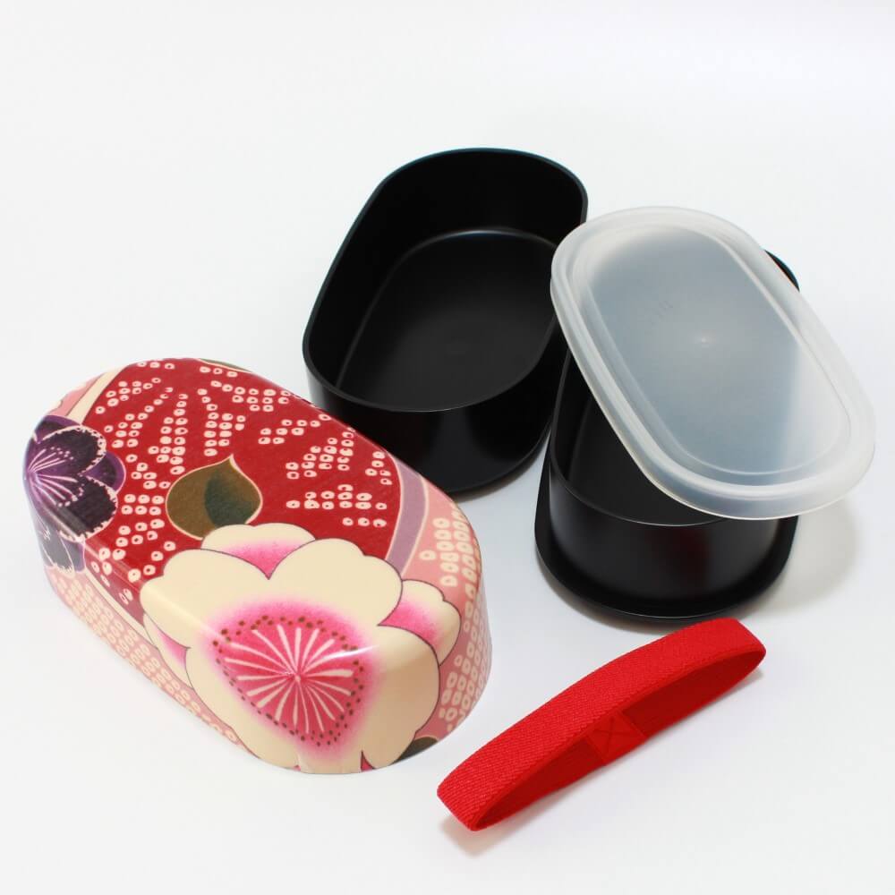 sakura blossoms 2 tier bento box disassembled showing contents