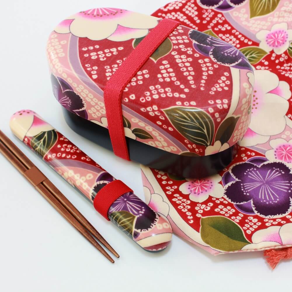 sakura blossoms oval bento box set overhead shot