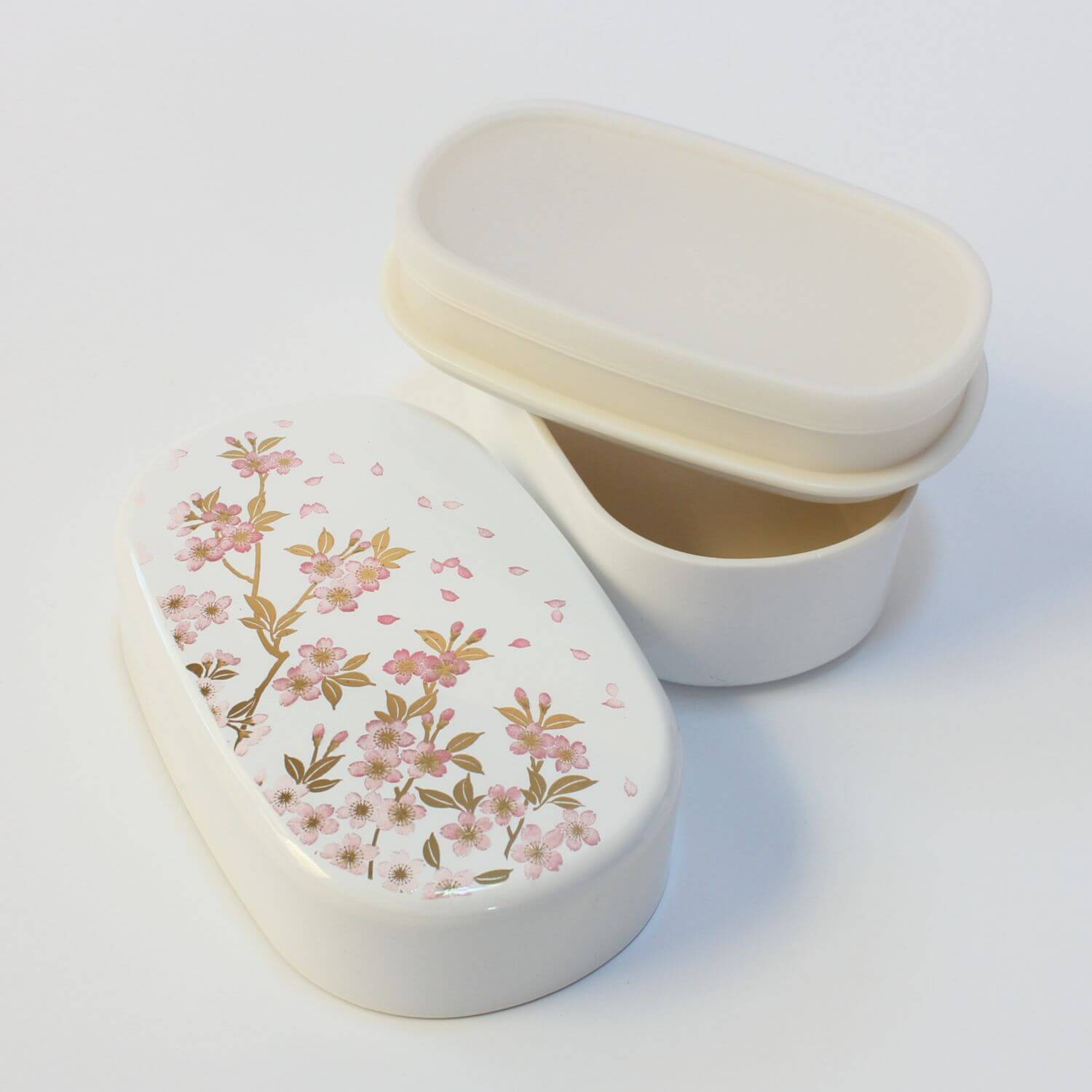 Sakura White and Pink Oval 2 Tier Bento Box