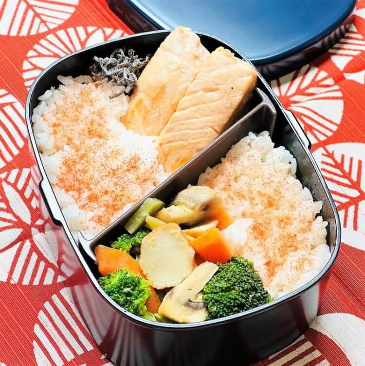 salmon bento in one touch navy bento box