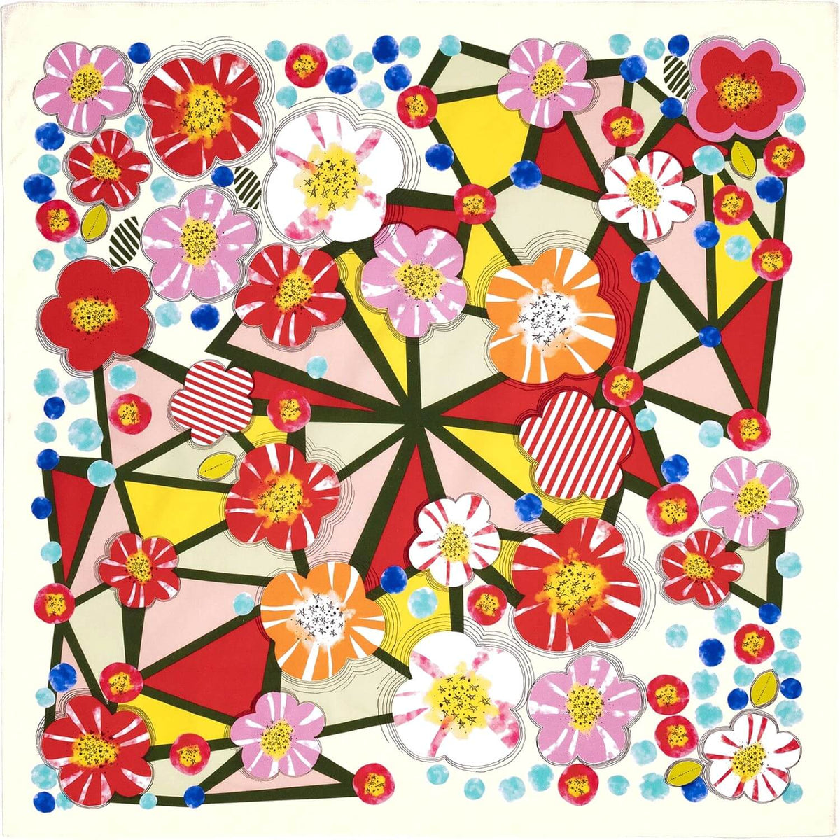100cm furoshiki featuring pop artwork and colours of plum blossoms. From asobi gokoro brand.