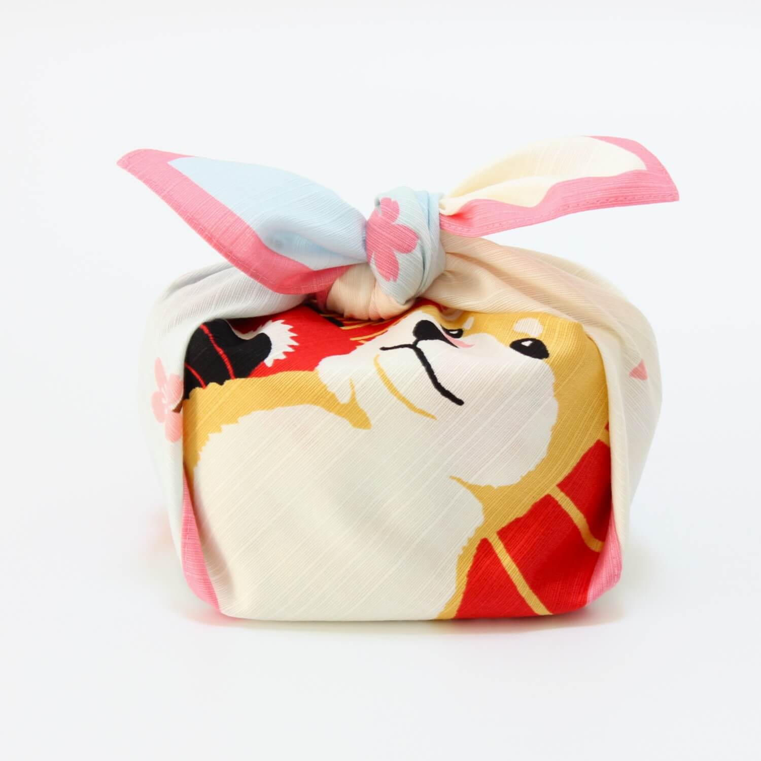 side view of wrapped shiba sakura furoshiki from hamamonyo