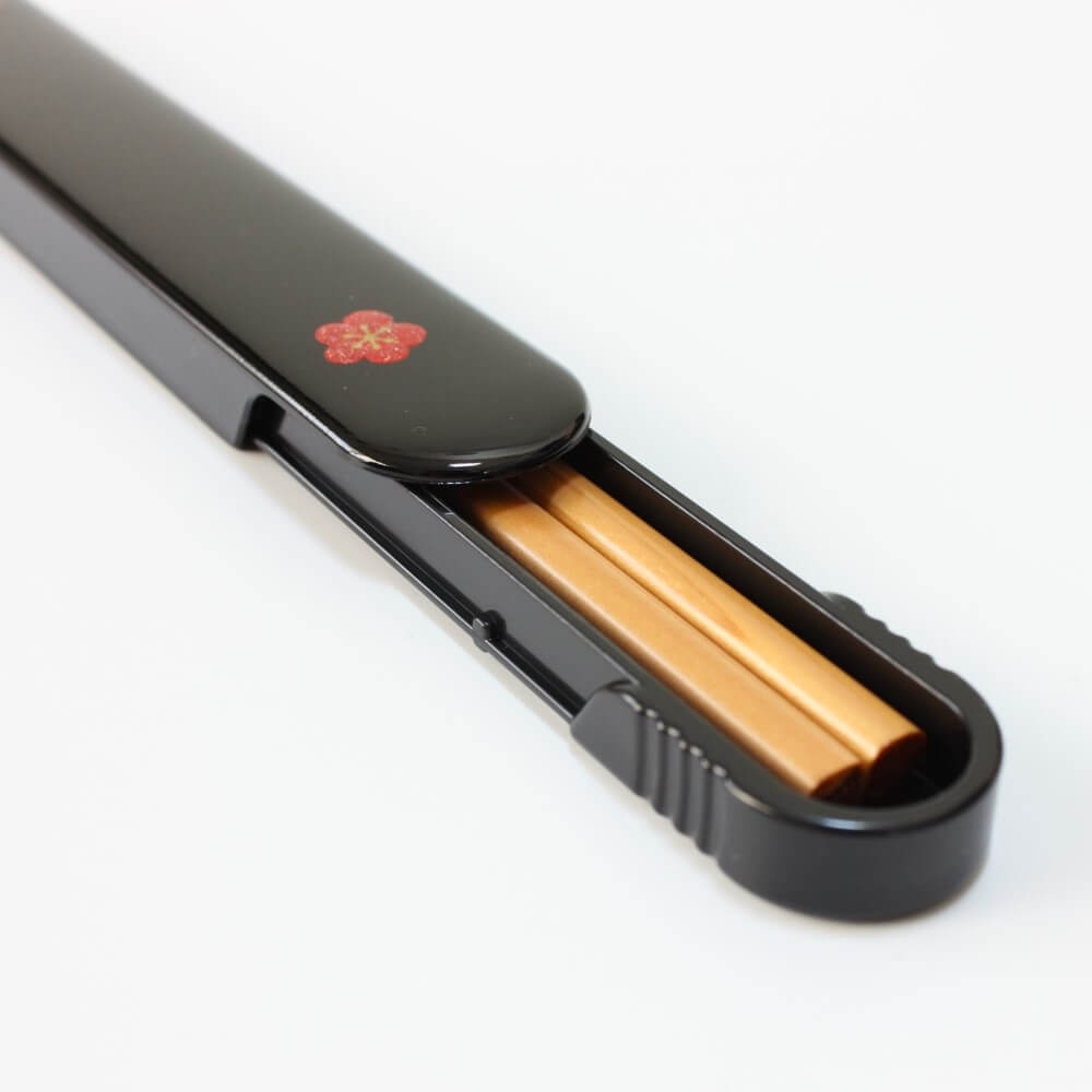 wooden chopsticks inside opened black chopsticks case