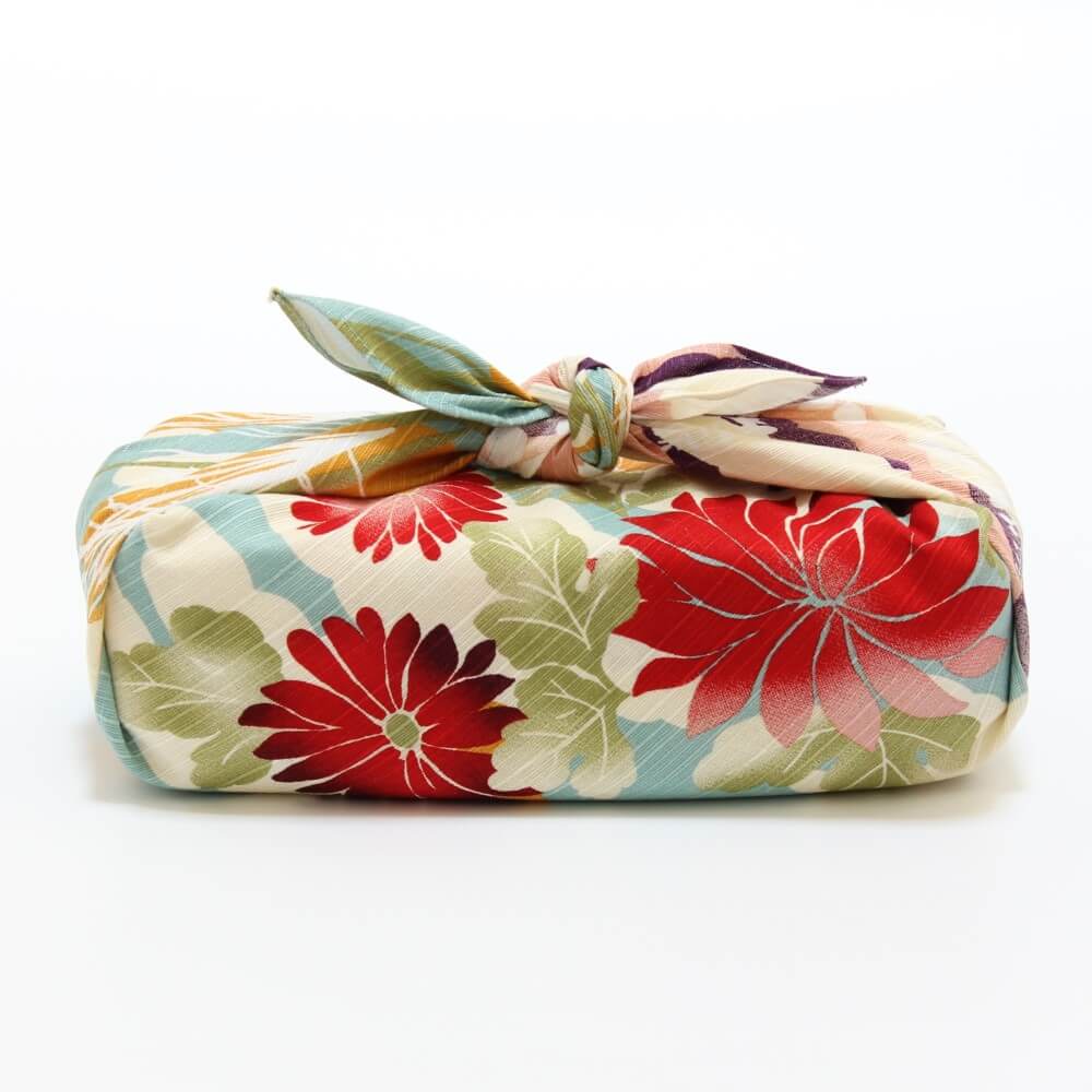 wrapped furoshiki showing chrysanthemum flowers