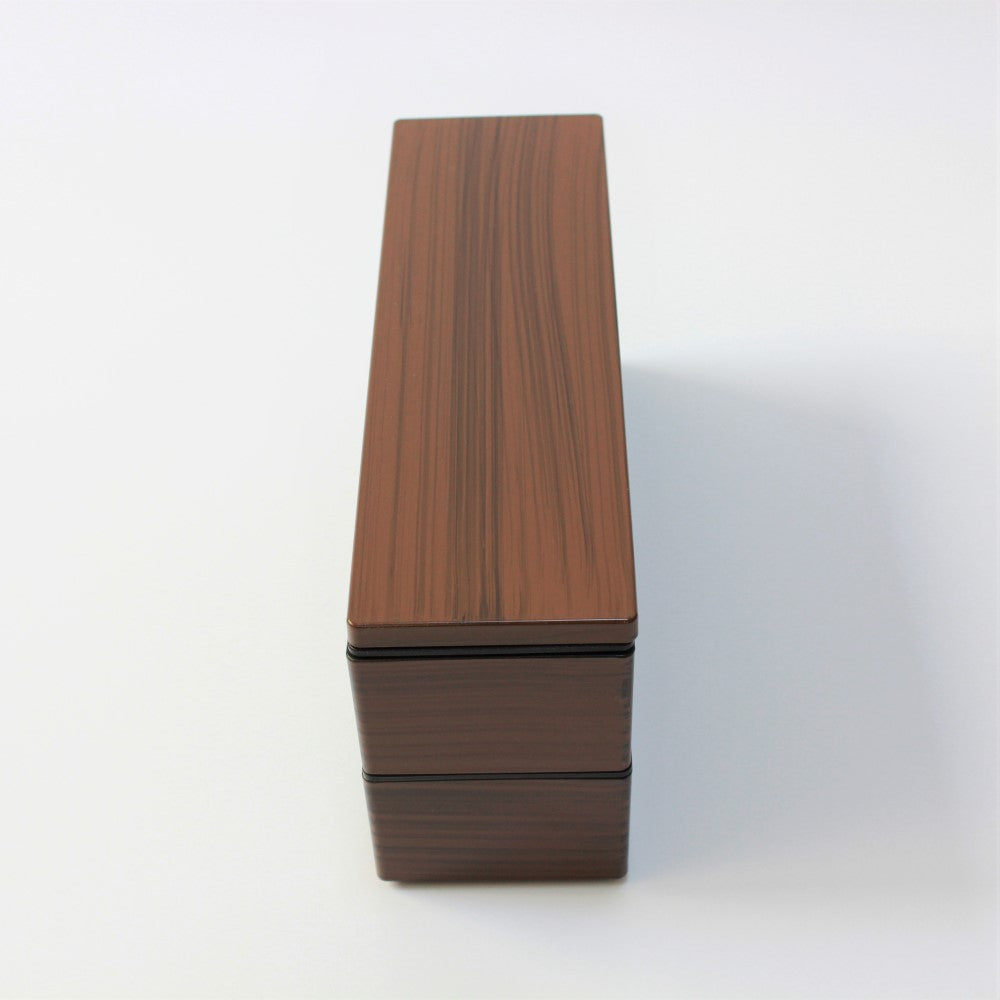 Front view of the Natural woodgrain long slim 2 tier bento box at Majime Life.