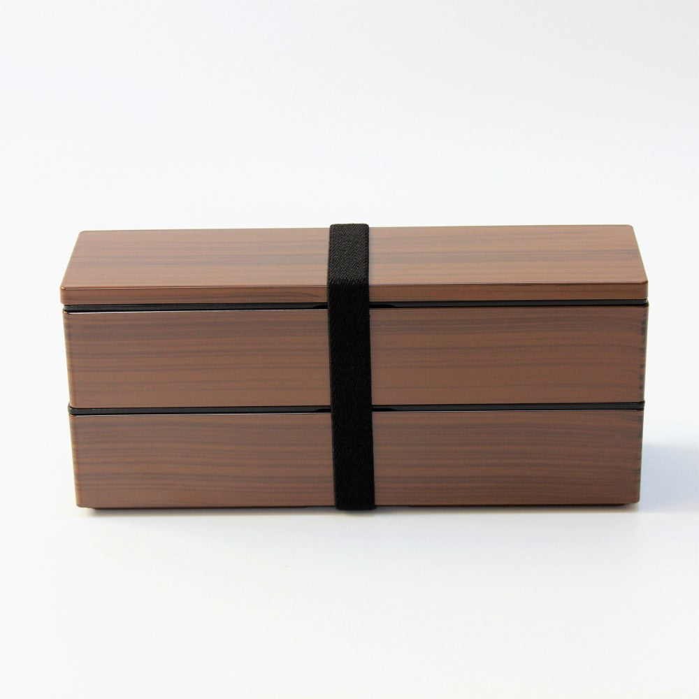 woodgrain long slim brown bento box with bento lunch band