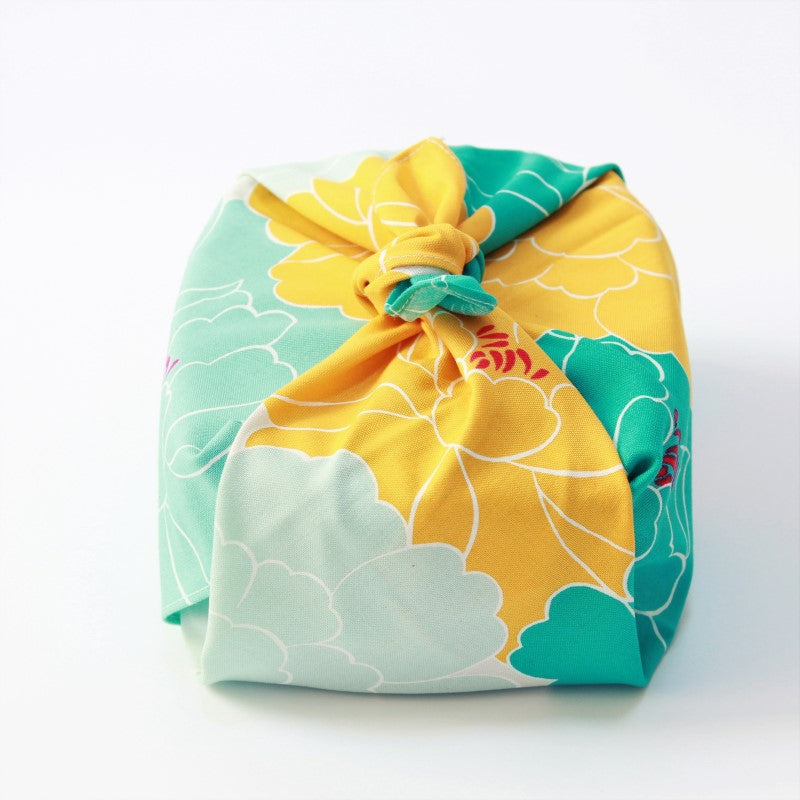 Front view of peony blue furoshiki hime musubi series