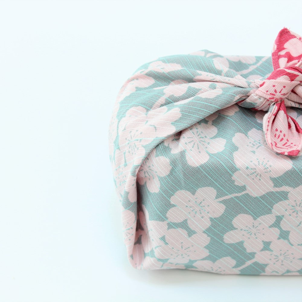 Reversible furoshiki Isa Monyo Sakura Pink and Mint Blue backgroun Japanese wrapping cloth Blue side