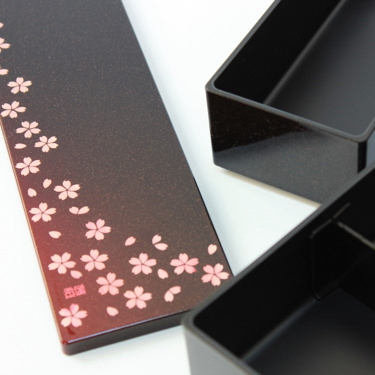 Close up showing the lid and two layers of this long slim 2 tier bento box